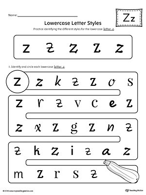 Lowercase Letter Z Styles Worksheet