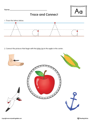 Trace Letter A and Connect Pictures Worksheet (Color)