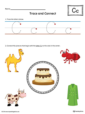 Trace Letter C and Connect Pictures (Color) printable worksheet available for download at myteachingstation.com.