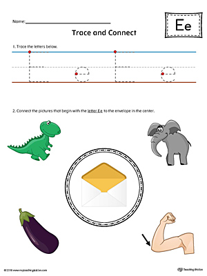 Trace Letter E and Connect Pictures Worksheet (Color)