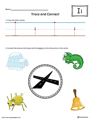 Trace Letter I and Connect Pictures Worksheet (Color)