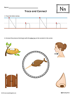 Trace Letter N and Connect Pictures (Color) printable worksheet available for download at myteachingstation.com.