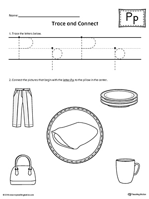 Trace Letter P and Connect Pictures printable worksheet available for download at myteachingstation.com.