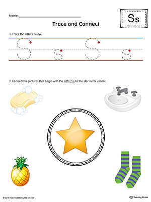 Trace Letter S and Connect Pictures (Color) printable worksheet available for download at myteachingstation.com.