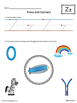 Trace Letter Z and Connect Pictures (Color) printable worksheet available for download at myteachingstation.com.