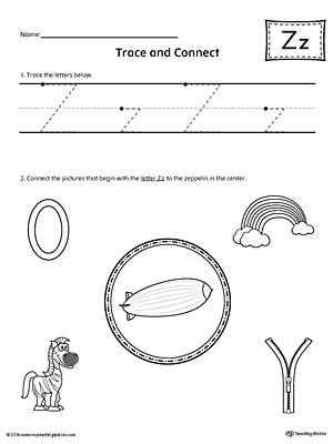 Trace Letter Z and Connect Pictures printable worksheet available for download at myteachingstation.com.
