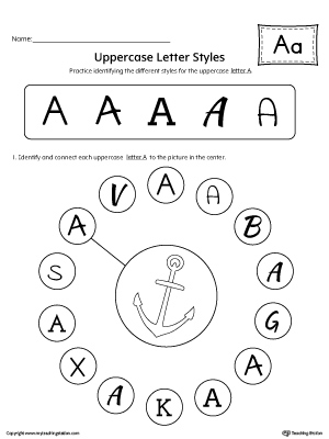 Practice identifying the different uppercase letter A styles with this kindergarten printable worksheet.