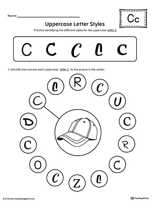 Practice identifying the different uppercase letter C styles with this kindergarten printable worksheet.