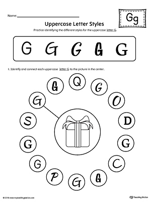 Practice identifying the different uppercase letter G styles with this kindergarten printable worksheet.