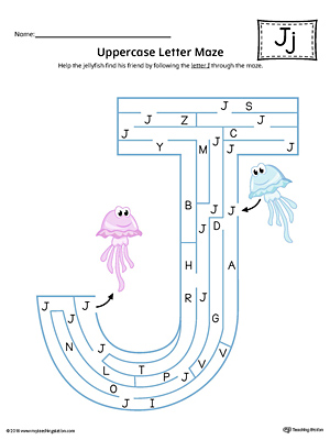 Uppercase Letter J Maze Worksheet (Color)