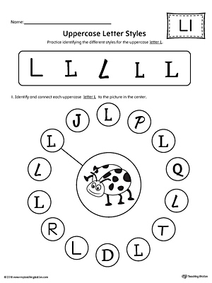 Practice identifying the different uppercase letter L styles with this kindergarten printable worksheet.