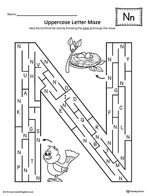 Uppercase Letter N Maze Worksheet