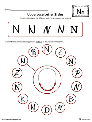Practice identifying the different uppercase letter N styles with this colorful printable worksheet.