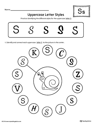 Practice identifying the different uppercase letter S styles with this kindergarten printable worksheet.