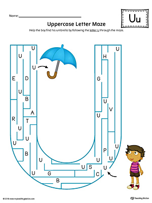 Uppercase Letter U Maze Worksheet (Color)