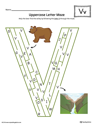 Uppercase Letter V Maze Worksheet (Color)