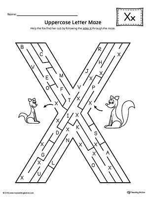 Uppercase Letter X Maze Worksheet