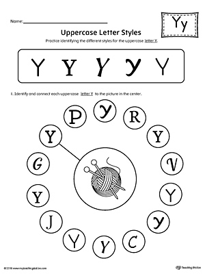 Practice identifying the different uppercase letter Y styles with this kindergarten printable worksheet.