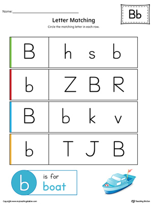 Letter B Uppercase and Lowercase Matching Worksheet (Color)