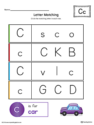 Letter C Uppercase and Lowercase Matching Worksheet (Color)