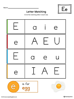 Letter E Uppercase and Lowercase Matching Worksheet (Color)