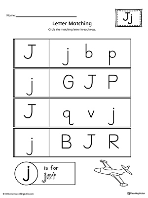 Letter J Uppercase and Lowercase Matching Worksheet