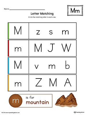 Letter M Uppercase and Lowercase Matching Worksheet (Color)