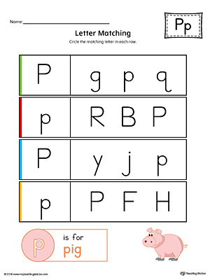 Letter P Uppercase and Lowercase Matching Worksheet (Color)