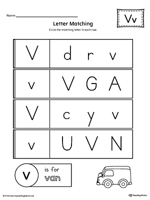 Letter V Uppercase and Lowercase Matching Worksheet