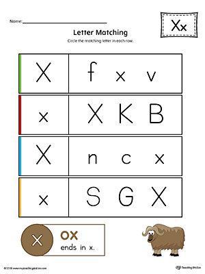 Letter X Uppercase and Lowercase Matching Worksheet (Color)