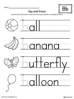 Say and Trace: Letter B Beginning Sound Words Worksheet