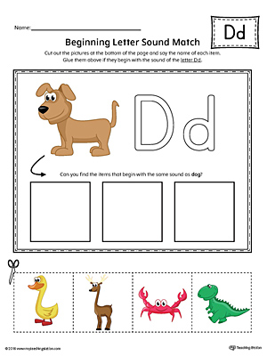 Letter D Beginning Sound Picture Match Worksheet (Color