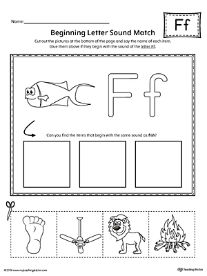 Practice matching the picture that represents the beginning sound of the letter F with the correct letter shape.