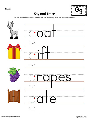 Practice saying and tracing words that begin with the letter G sound in this printable worksheet.