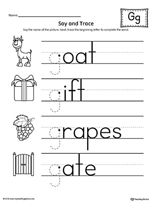 say and trace letter g beginning sound words worksheet