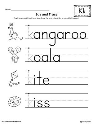 say and trace letter k beginning sound words worksheet myteachingstation com