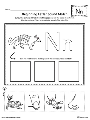 Practice matching the picture that represents the beginning sound of the letter N with the correct letter shape.