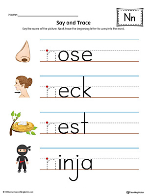 Say and Trace: Letter N Beginning Sound Words Worksheet (Color)