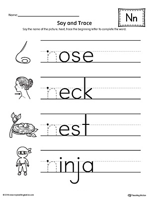 Say and Trace: Letter N Beginning Sound Words Worksheet
