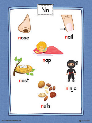 Letter N Word List with Illustrations Printable Poster (Color)
