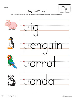Say and Trace: Letter P Beginning Sound Words Worksheet (Color)