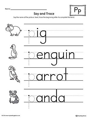 Say And Trace Letter P Beginning Sound Words Worksheet
