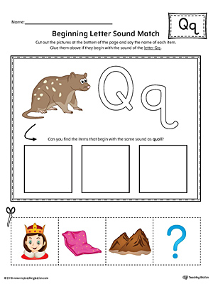 Letter Q Beginning Sound Picture Match Worksheet (Color)