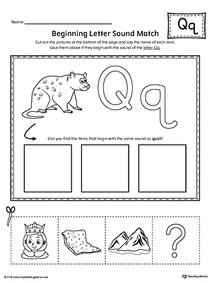 Practice matching the picture that represents the beginning sound of the letter Q with the correct letter shape.