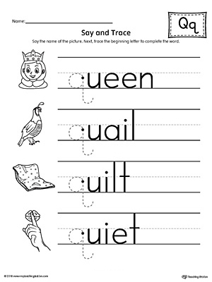 Say and Trace: Letter Q Beginning Sound Words Worksheet