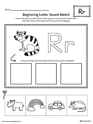 Practice matching the picture that represents the beginning sound of the letter R with the correct letter shape.