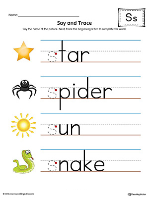 Say and Trace: Letter S Beginning Sound Words Worksheet (Color)