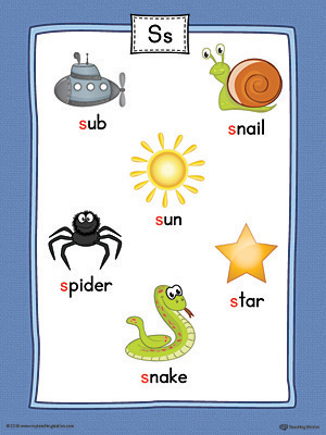 Letter S Word List with Illustrations Printable Poster (Color)