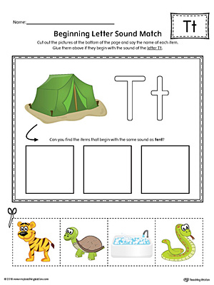 Letter T Beginning Sound Picture Match Worksheet (Color)