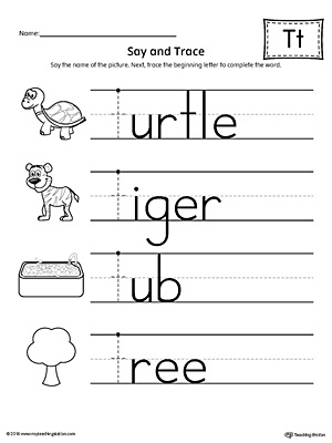 Use the Say and Trace: Letter T Beginning Sound Words Worksheet to help your preschooler practice recognizing the beginning sound of the letter T and tracing the letter.